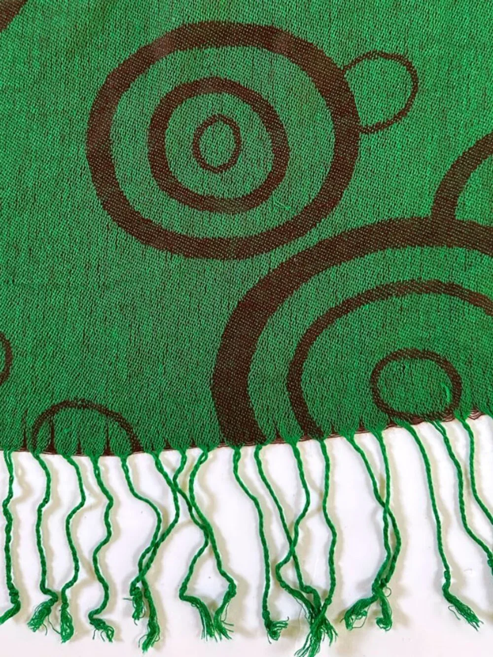 Vtg Pashmina Silk Blend Scarf Green Brown Circle Print Whimsigoth Fringe Shawl